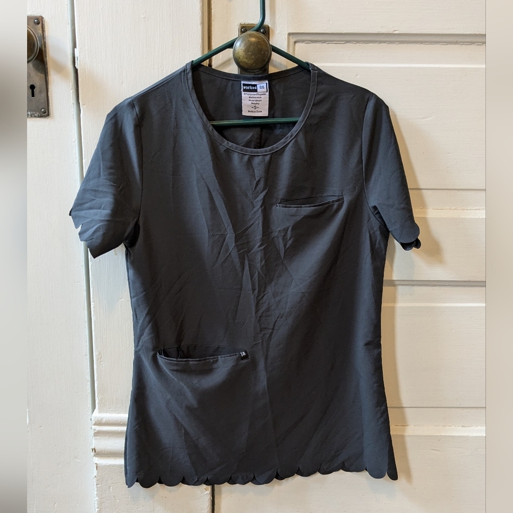 Worked In women's dark gray scalloped edge scrub shirt S